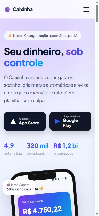 Caixinha — tela de celular